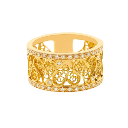 Anel Corações Rendilhados Filigrana em Ouro 19kl com Diamantes (T15) - Loja do Ouro