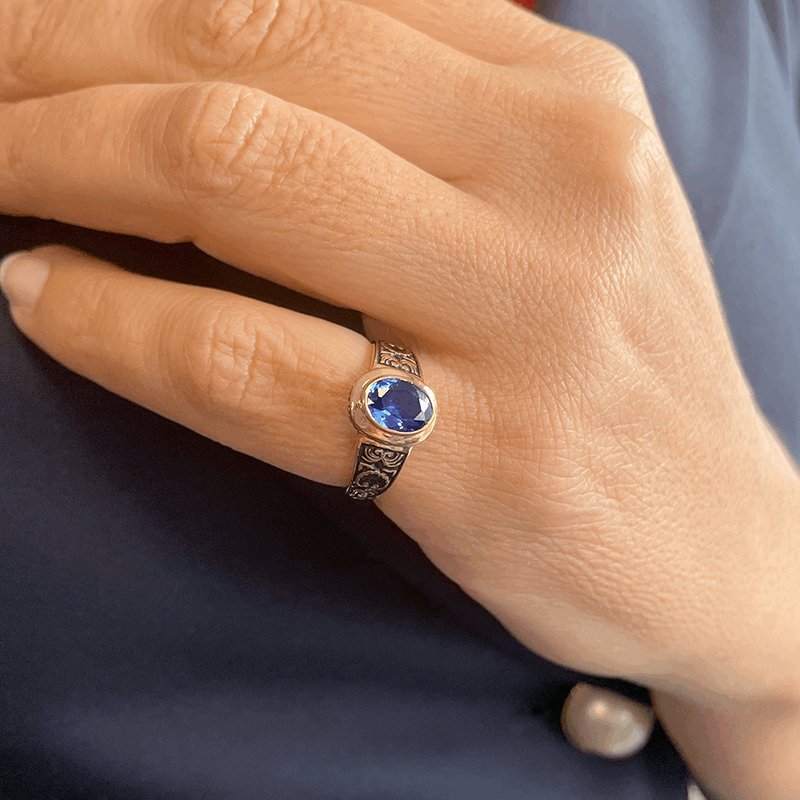 Anel Curso em Ouro 19kl com Quartzo Azul (T14) - Loja do Ouro