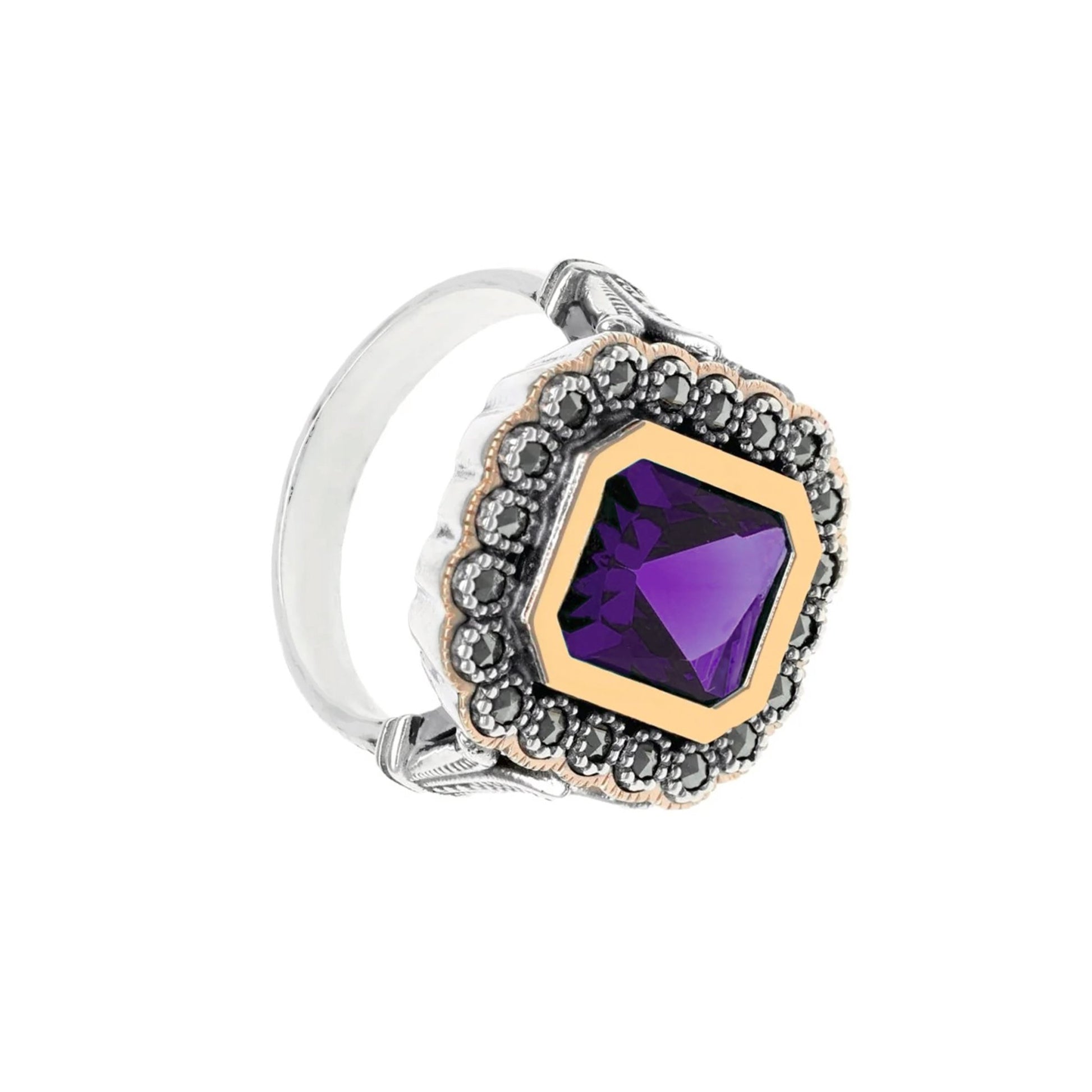 Anel D. Inês em Prata e Ouro 9kl com Marcassites e Pedra Roxa - Loja do Ouro