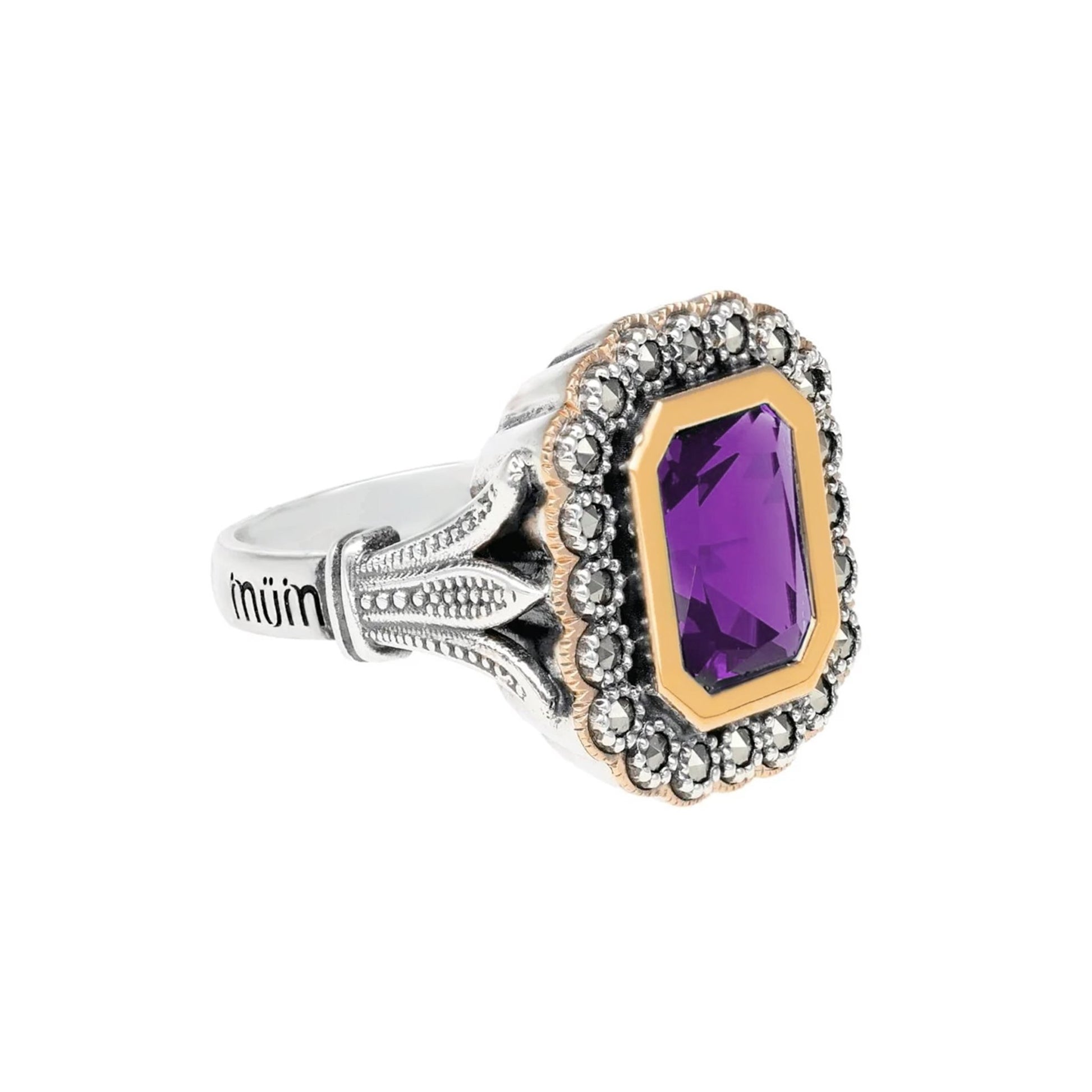 Anel D. Inês em Prata e Ouro 9kl com Marcassites e Pedra Roxa - Loja do Ouro