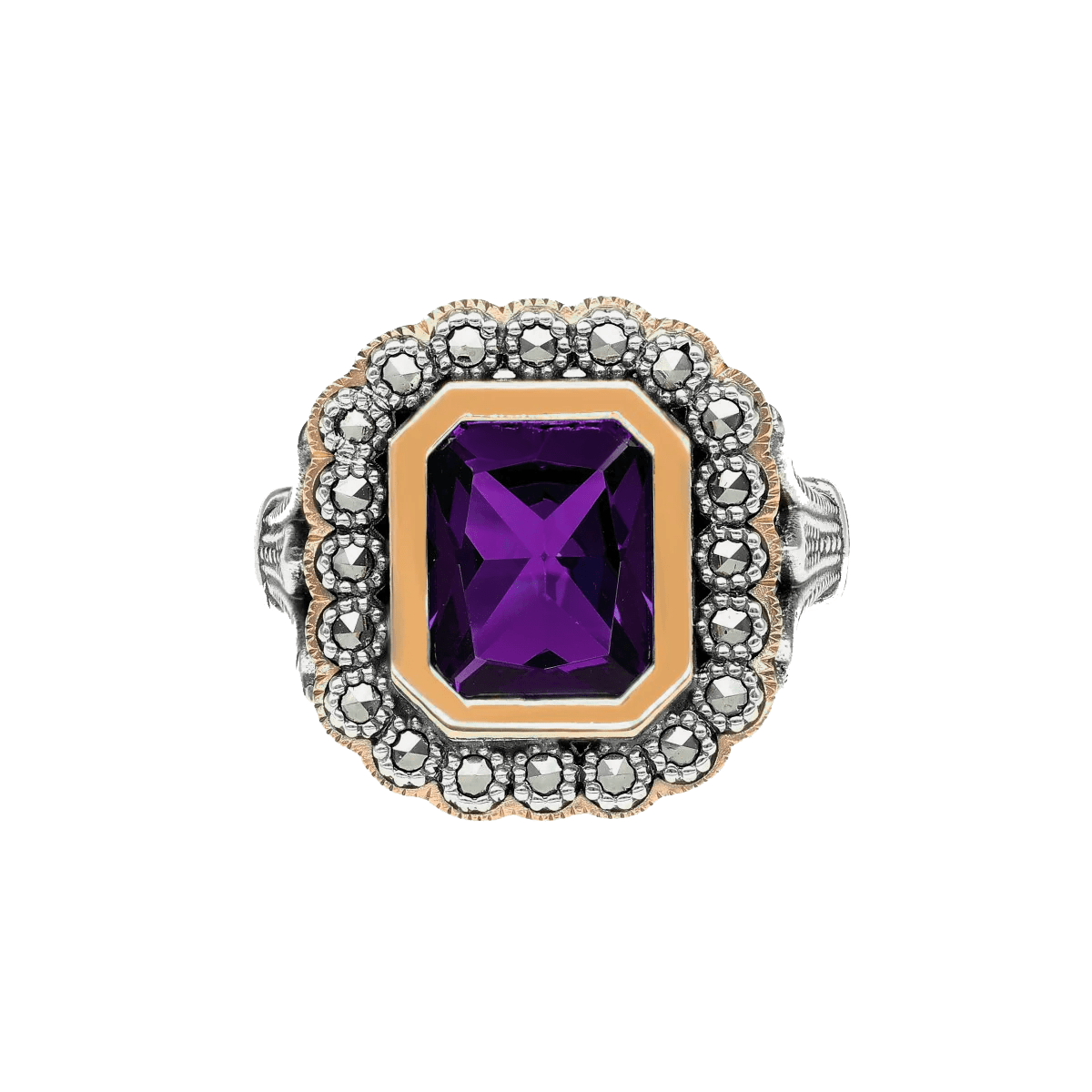Anel D. Inês em Prata e Ouro 9kl com Marcassites e Pedra Roxa - Loja do Ouro