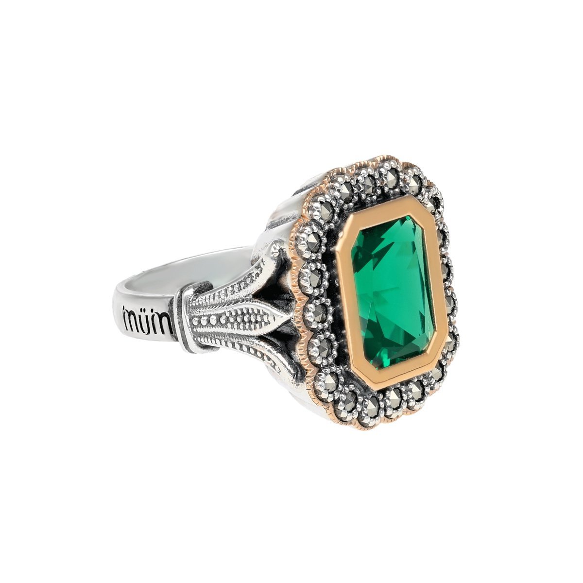 Anillo D. Luísa en plata y oro de 9 kl con marcassitas y piedra verde - Gold Store Premium