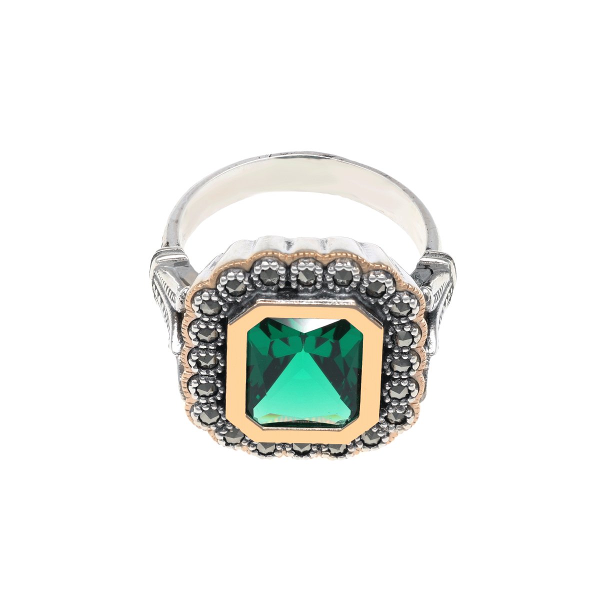 Anel D. Luísa em Prata e Ouro 9kl com Marcassites e Pedra Verde - Loja do Ouro