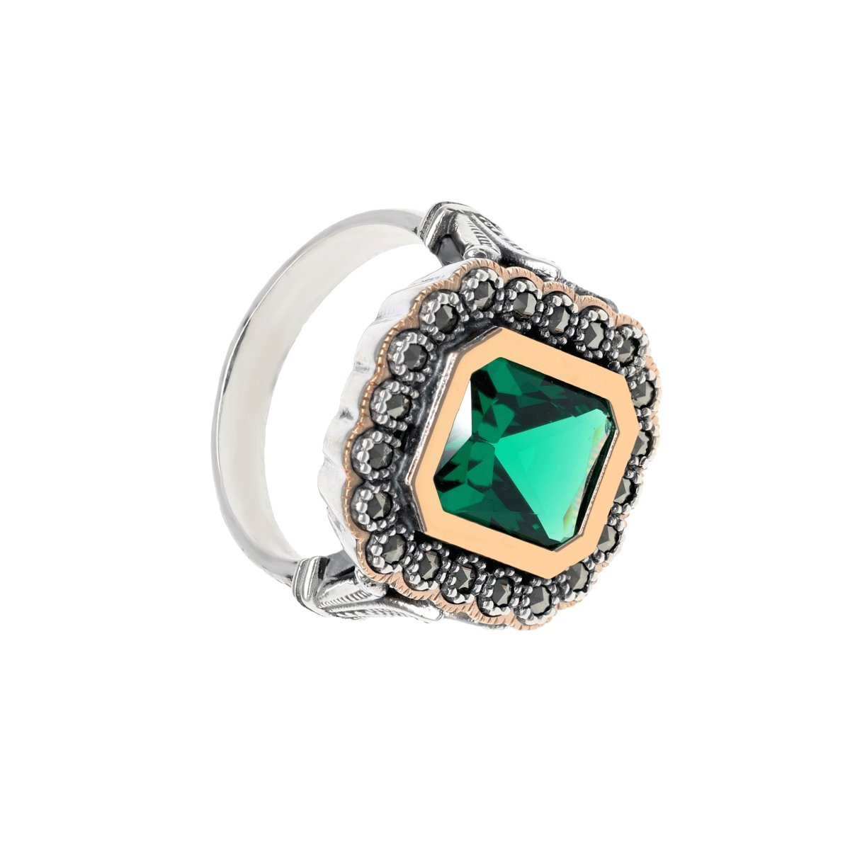 Anel D. Luísa em Prata e Ouro 9kl com Marcassites e Pedra Verde - Loja do Ouro