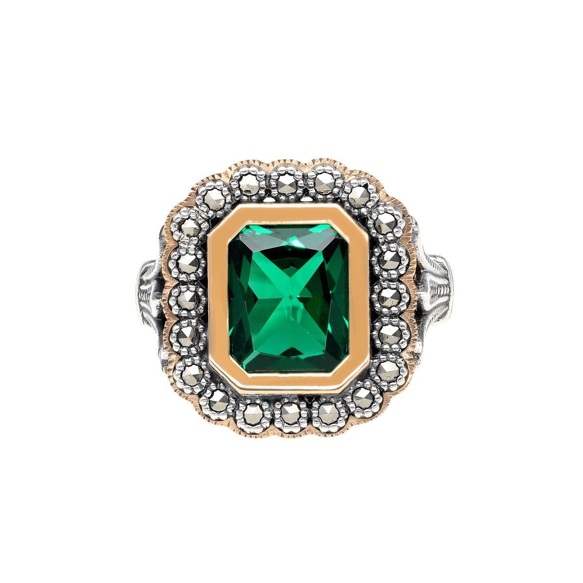 Anillo D. Luísa en plata y oro de 9 kl con marcassitas y piedra verde - Gold Store Premium