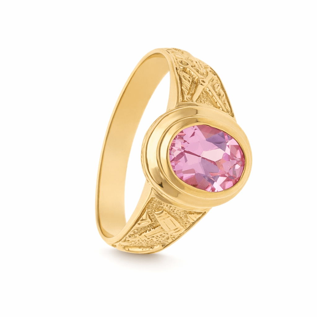 Anel de Curso de Cabeleireira em Ouro 19kl com Safira Rosa (T17) - Loja do Ouro