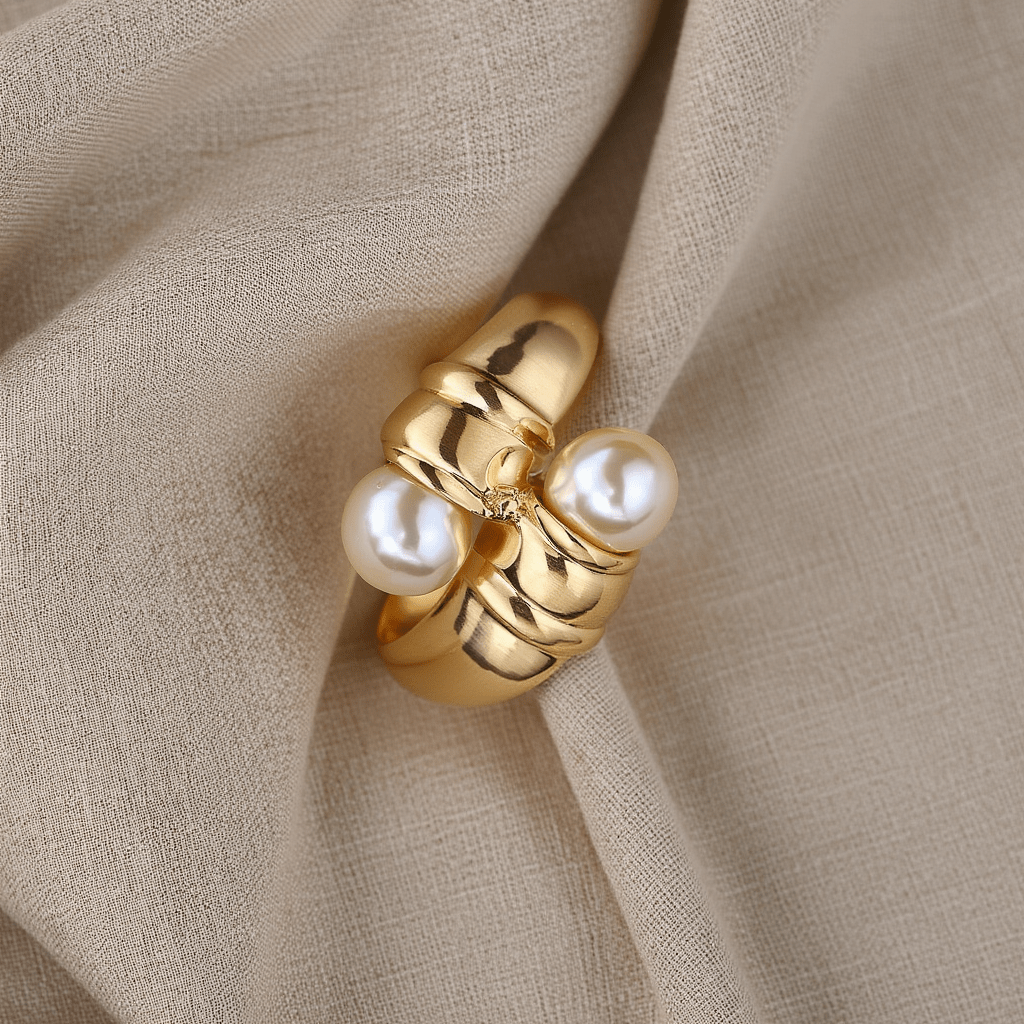 Anel em Ouro 19kl com Duas Pérolas (T14) - Loja do Ouro