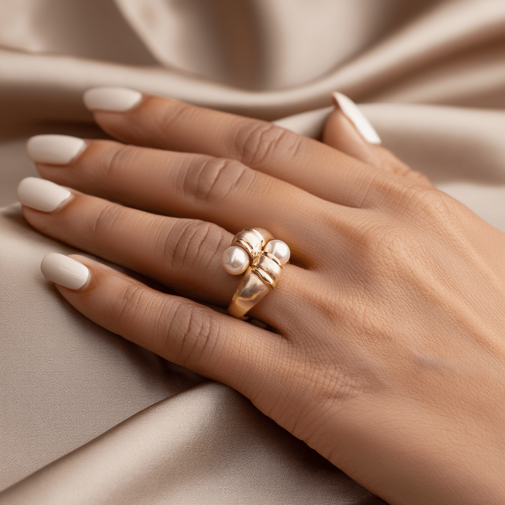 Anel em Ouro 19kl com Duas Pérolas (T14) - Loja do Ouro