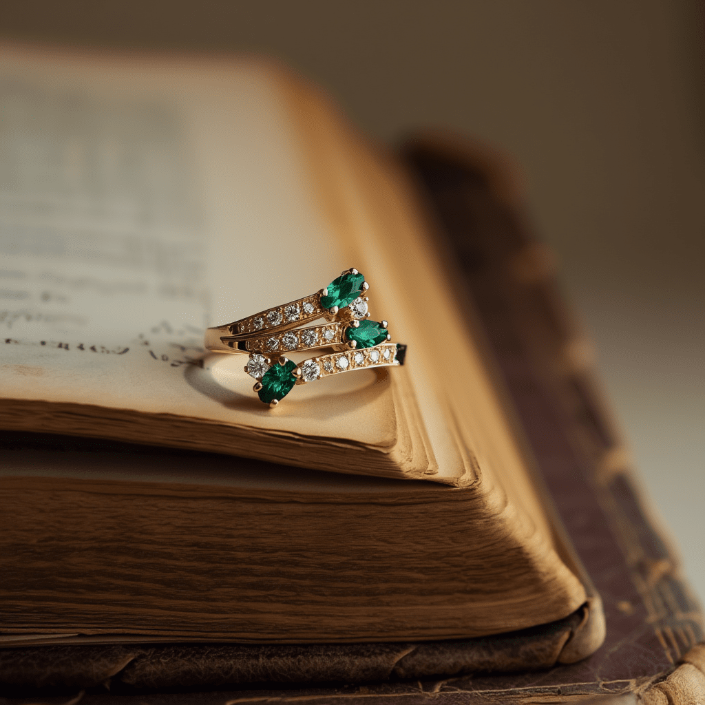 Anel em Ouro 19kl com Esmeraldas e Zircónias (T17) - Loja do Ouro