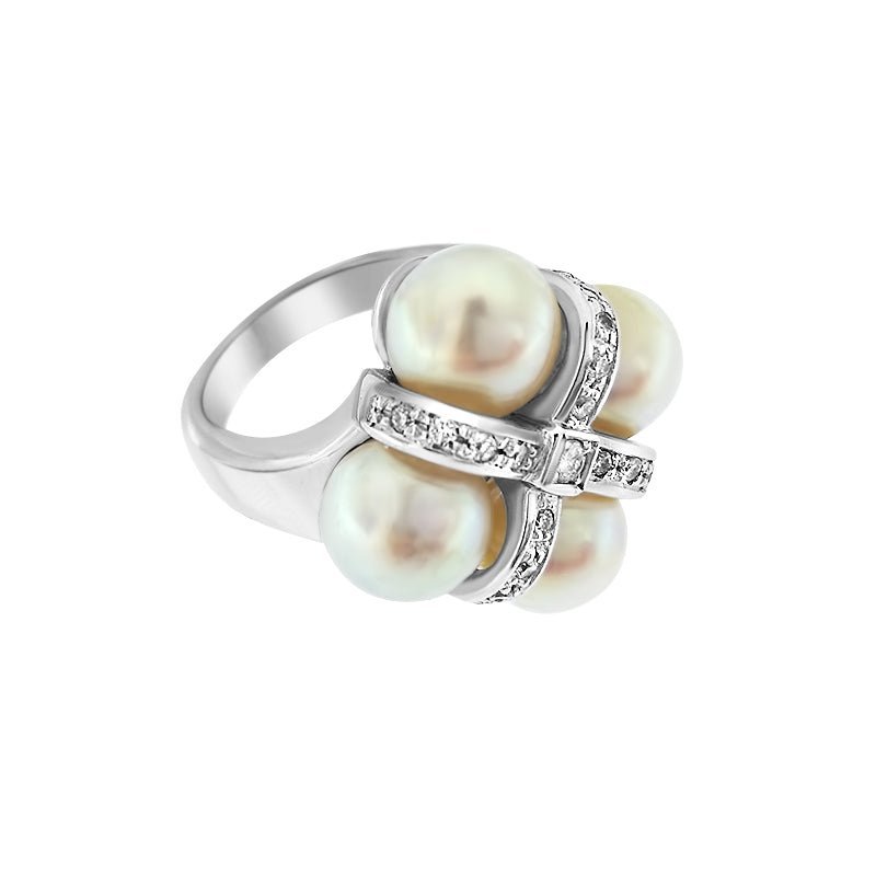 Anillo de oro blanco de 19 kl con perlas y diamantes (T14) - Gold Store Premium