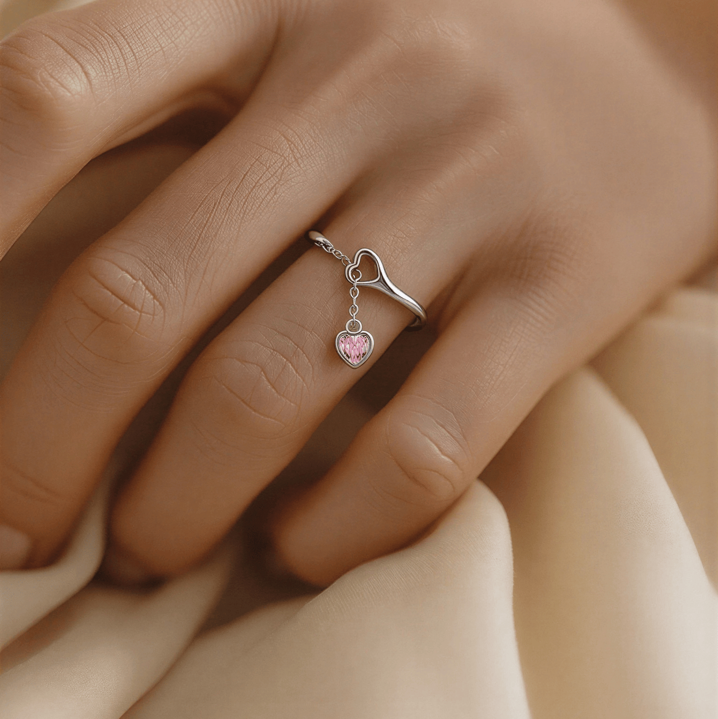 Anel em Prata com Pendente Coração Rosa - Loja do Ouro