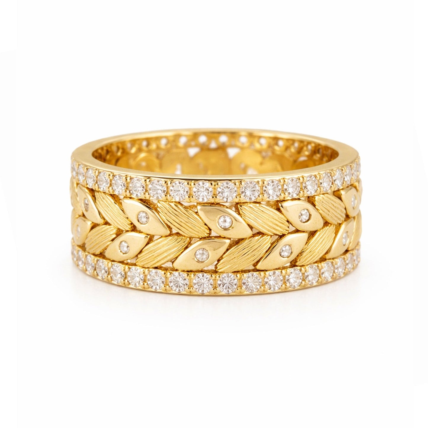 Anel em Prata Dourada com Folhas e Zircónias - Loja do Ouro