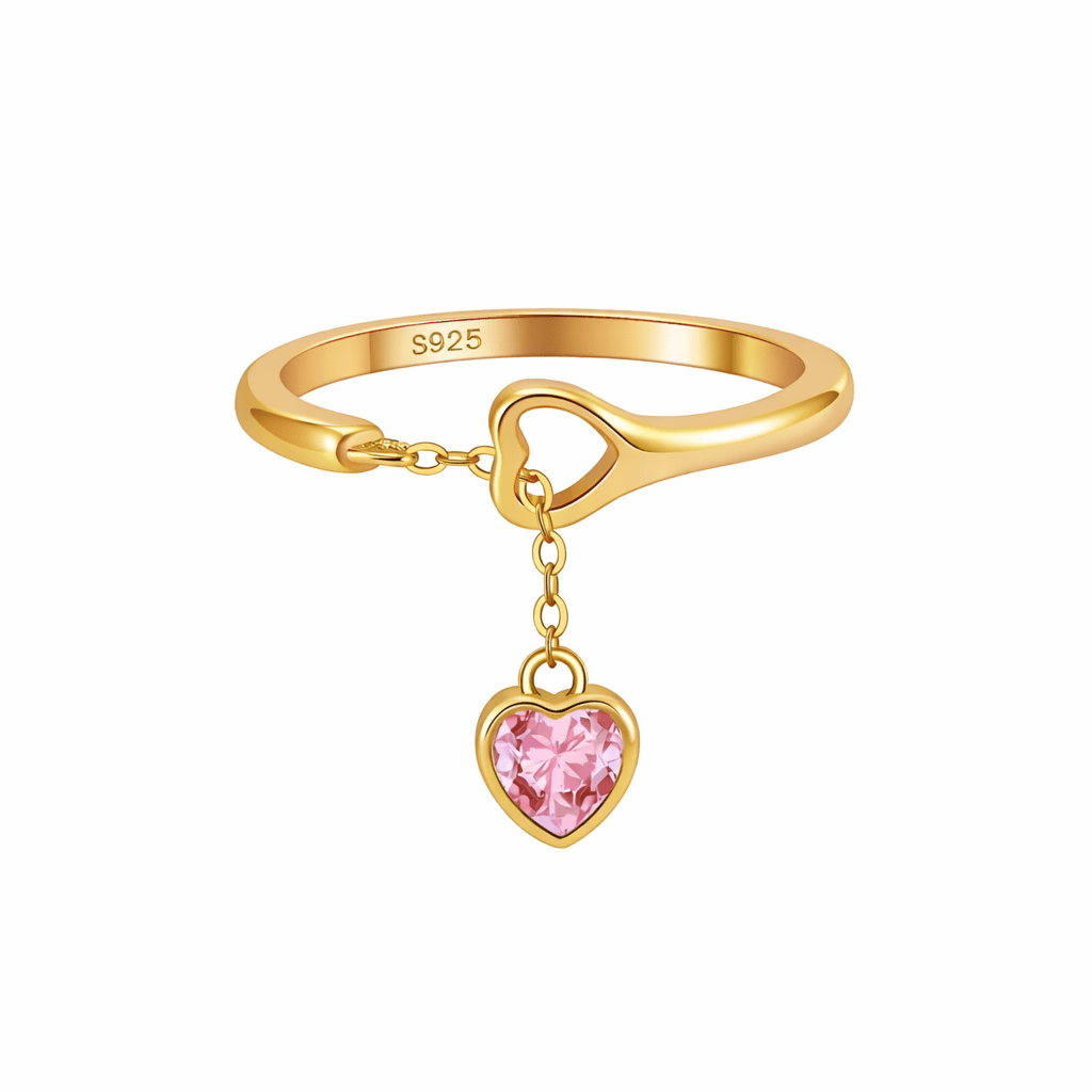 Anel em Prata Dourada com Pendente Coração Rosa - Loja do Ouro