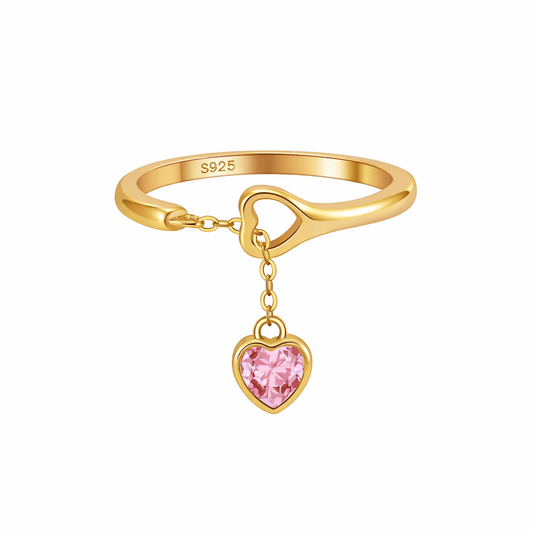 Anel em Prata Dourada com Pendente Coração Rosa - Loja do Ouro