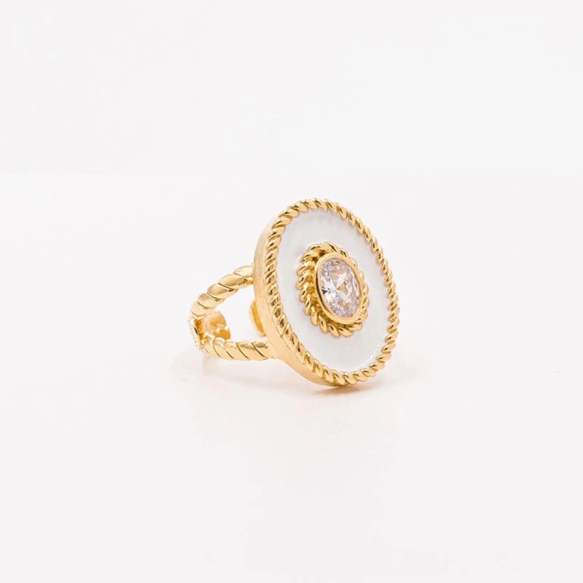 Anel Equinocio em Prata Dourada com Zircão e Esmalte Branco - Loja do Ouro
