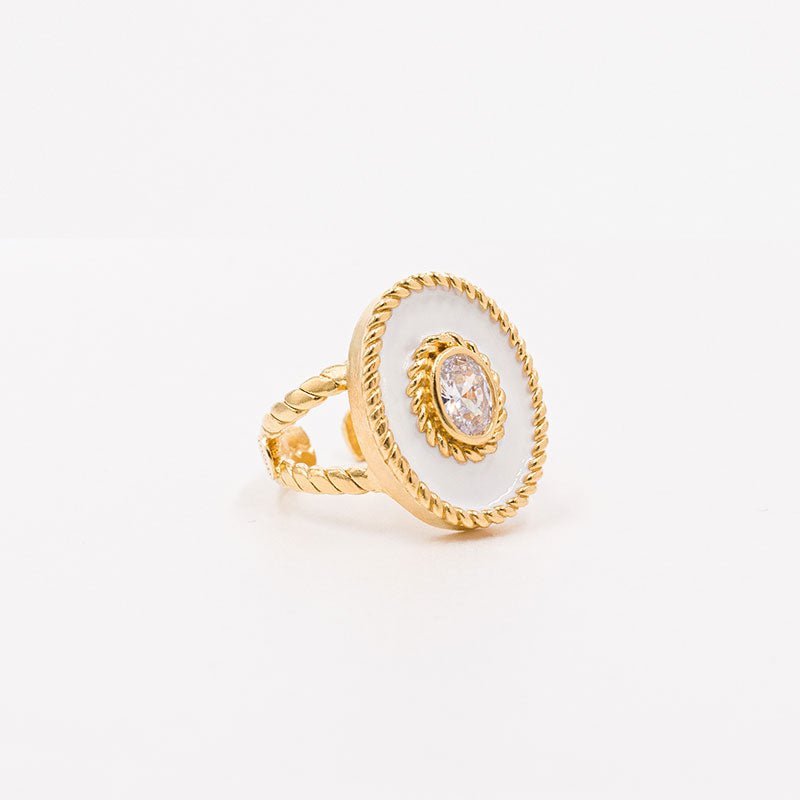 Anel Equinocio em Prata Dourada com Zircão e Esmalte Branco - Loja do Ouro