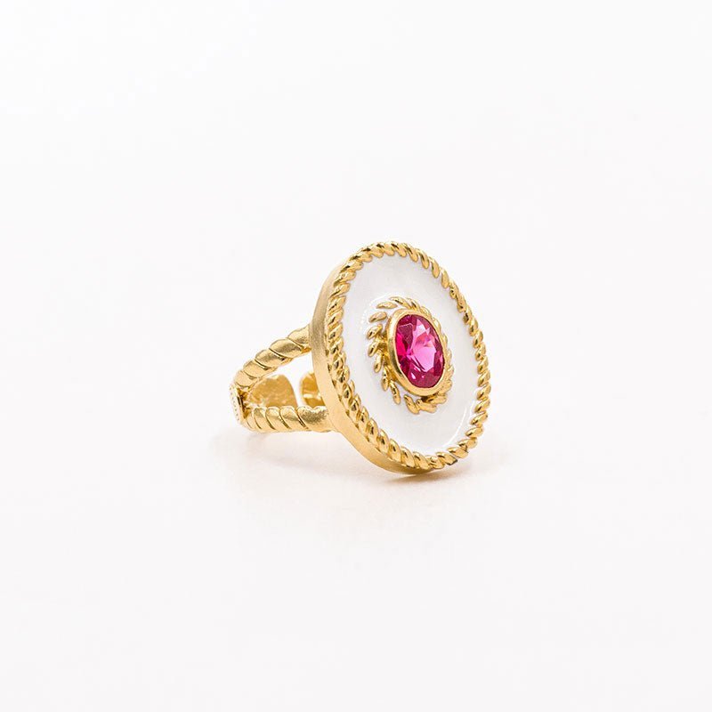 Anel Equinocio em Prata Dourada com Zircão Rosa e Esmalte Branco - Loja do Ouro