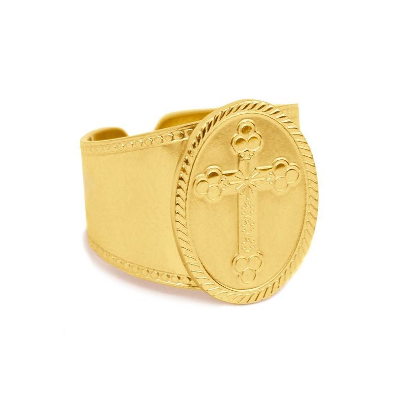 Anel Guadalupe em Aço Dourado com Cruz - Loja do Ouro