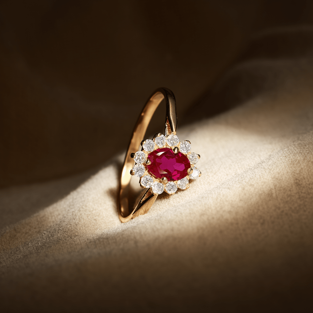 Anel Lady Aurora em Ouro 19kl com Pedra Vermelha e Zircónias - Loja do Ouro