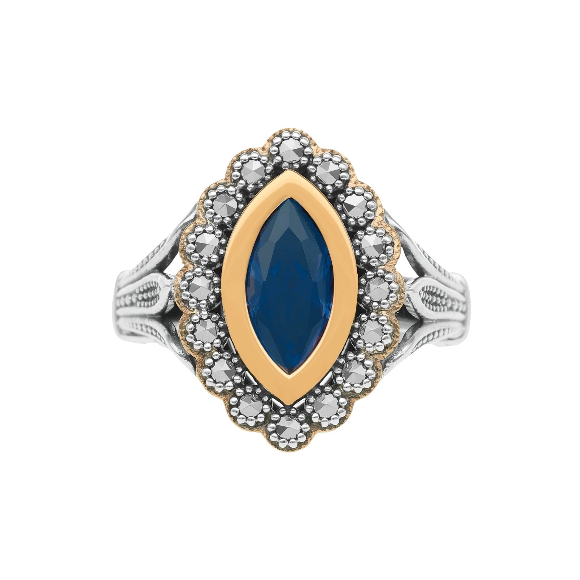 Anel Oval em Prata e Ouro 9kl com Pedra Azul Royal - Loja do Ouro