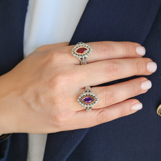 Anel Oval em Prata e Ouro 9kl com Pedra Roxa - Loja do Ouro