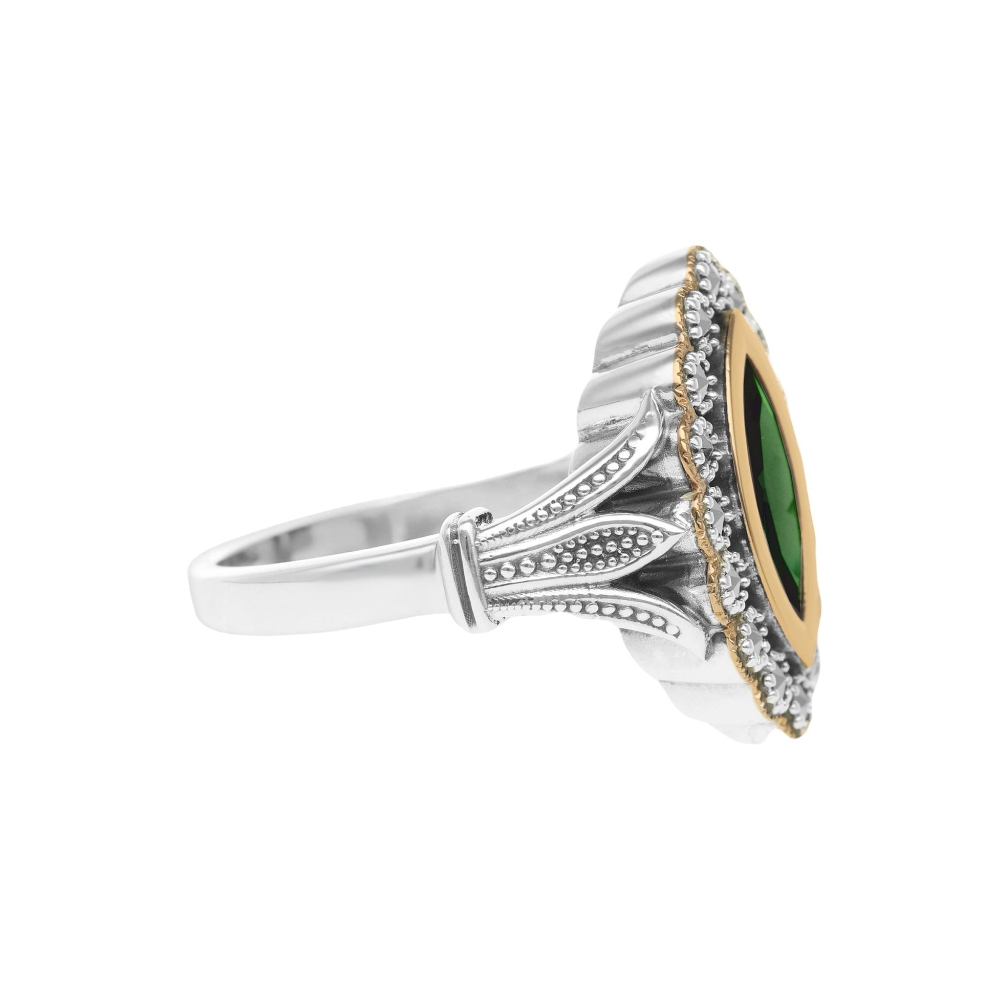 Anel Oval em Prata e Ouro 9kl com Pedra Verde - Loja do Ouro