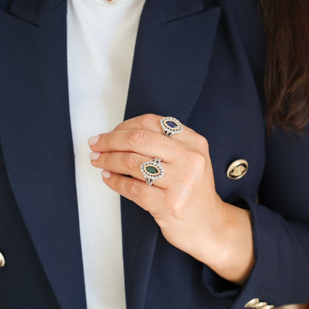 Anel Oval em Prata e Ouro 9kl com Pedra Verde - Loja do Ouro