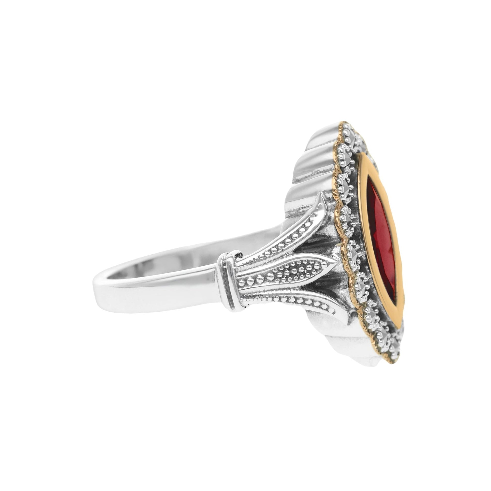 Anel Oval em Prata e Ouro 9kl com Pedra Vermelha - Loja do Ouro