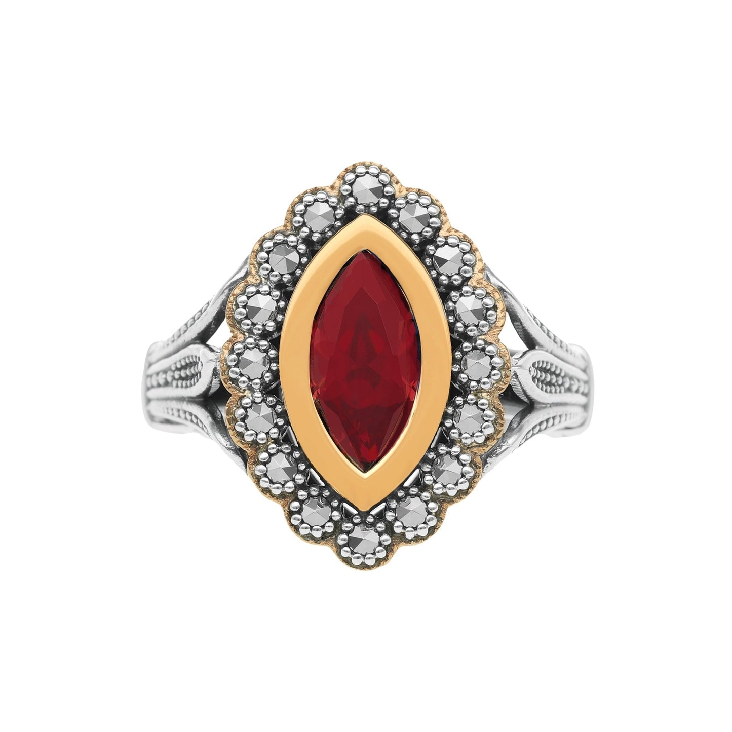 Anel Oval em Prata e Ouro 9kl com Pedra Vermelha - Loja do Ouro