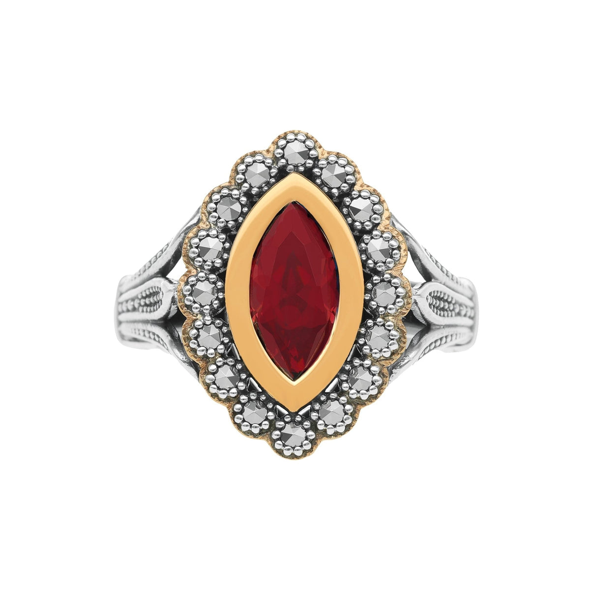 Anillo ovalado en plata y oro de 9 kl con piedra roja - Gold Store Premium