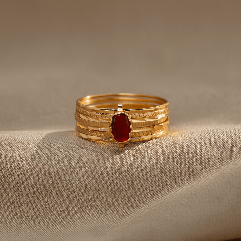 Anel Sete Escravas em Ouro 19kl com Pedra Vermelha (T16) - Loja do Ouro