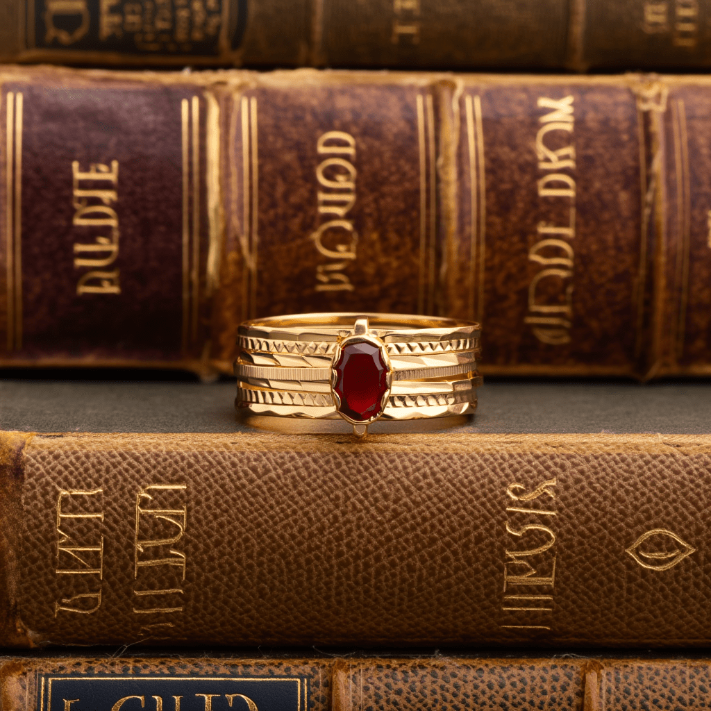 Anel Sete Escravas em Ouro 19kl com Pedra Vermelha (T16) - Loja do Ouro