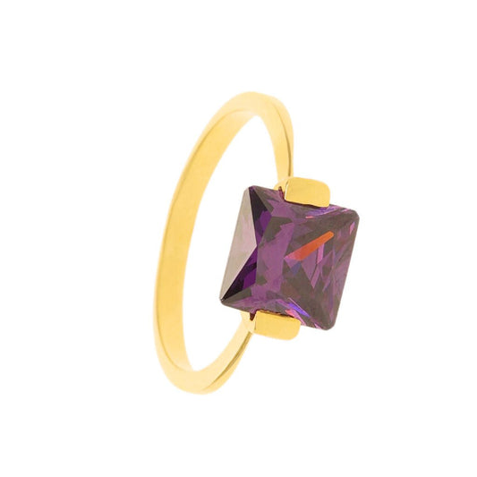 Anel Solitário em Ouro 19kl com Pedra Quadrada Roxa (T15) - Loja do Ouro