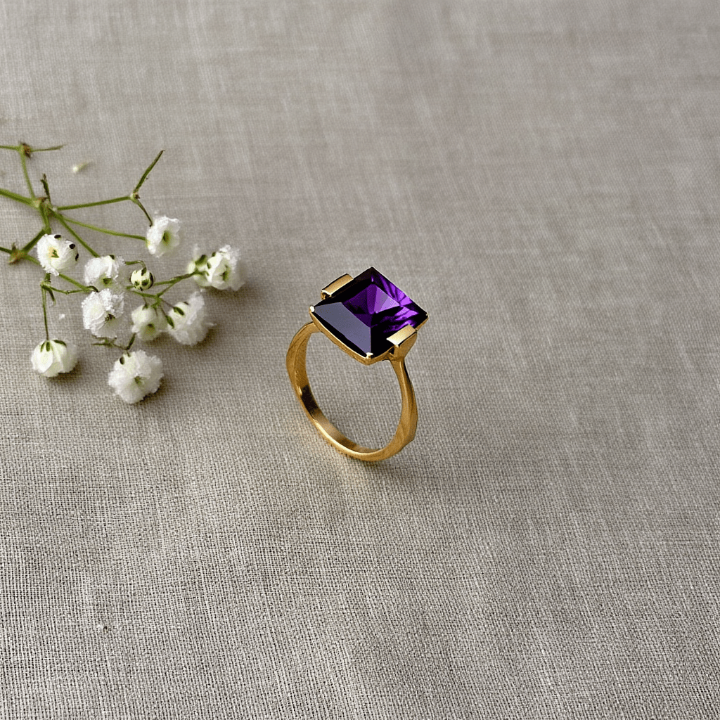 Anel Solitário em Ouro 19kl com Pedra Quadrada Roxa (T15) - Loja do Ouro