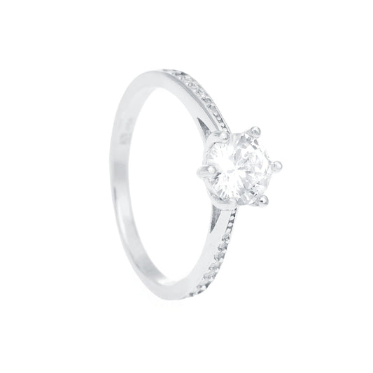 Anel Solitário em Prata com Zircónia (7mm) e aro cravejado Zircónias - Loja do Ouro