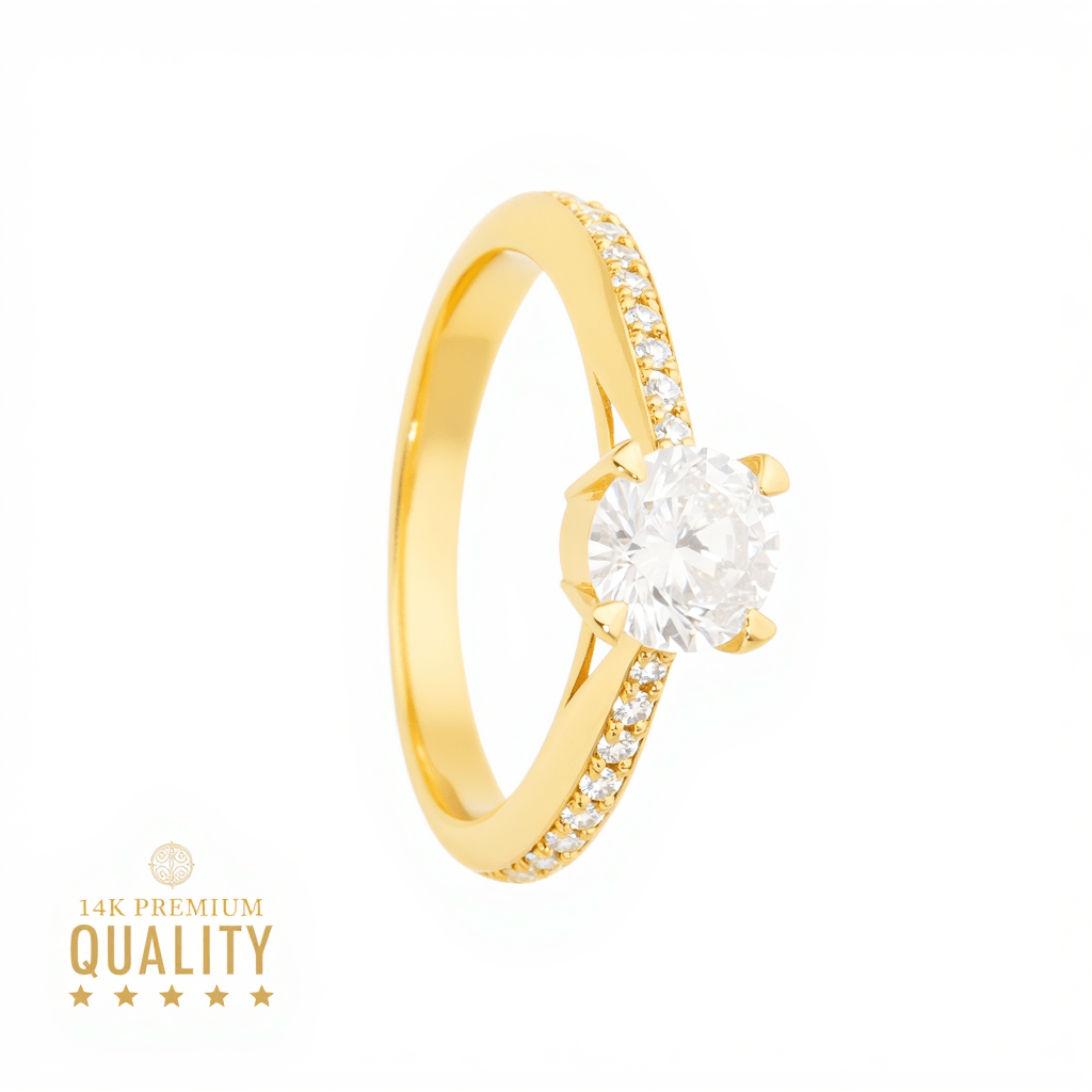 Anel Solitário Lady Sarah em Ouro 14kl com Zircónias - Loja do Ouro