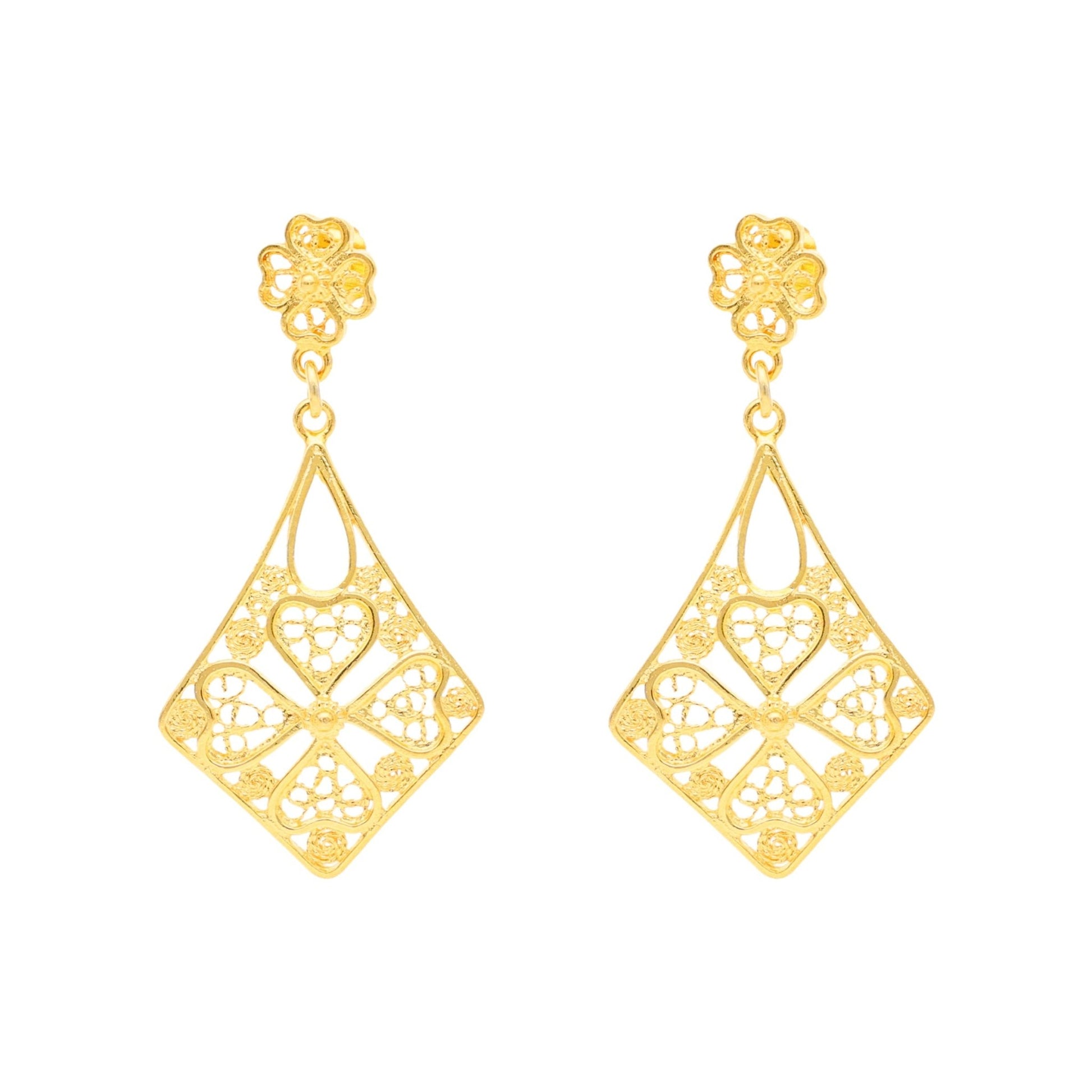 Brincos Amália em Prata Dourada com Trevos e Filigrana - Loja do Ouro