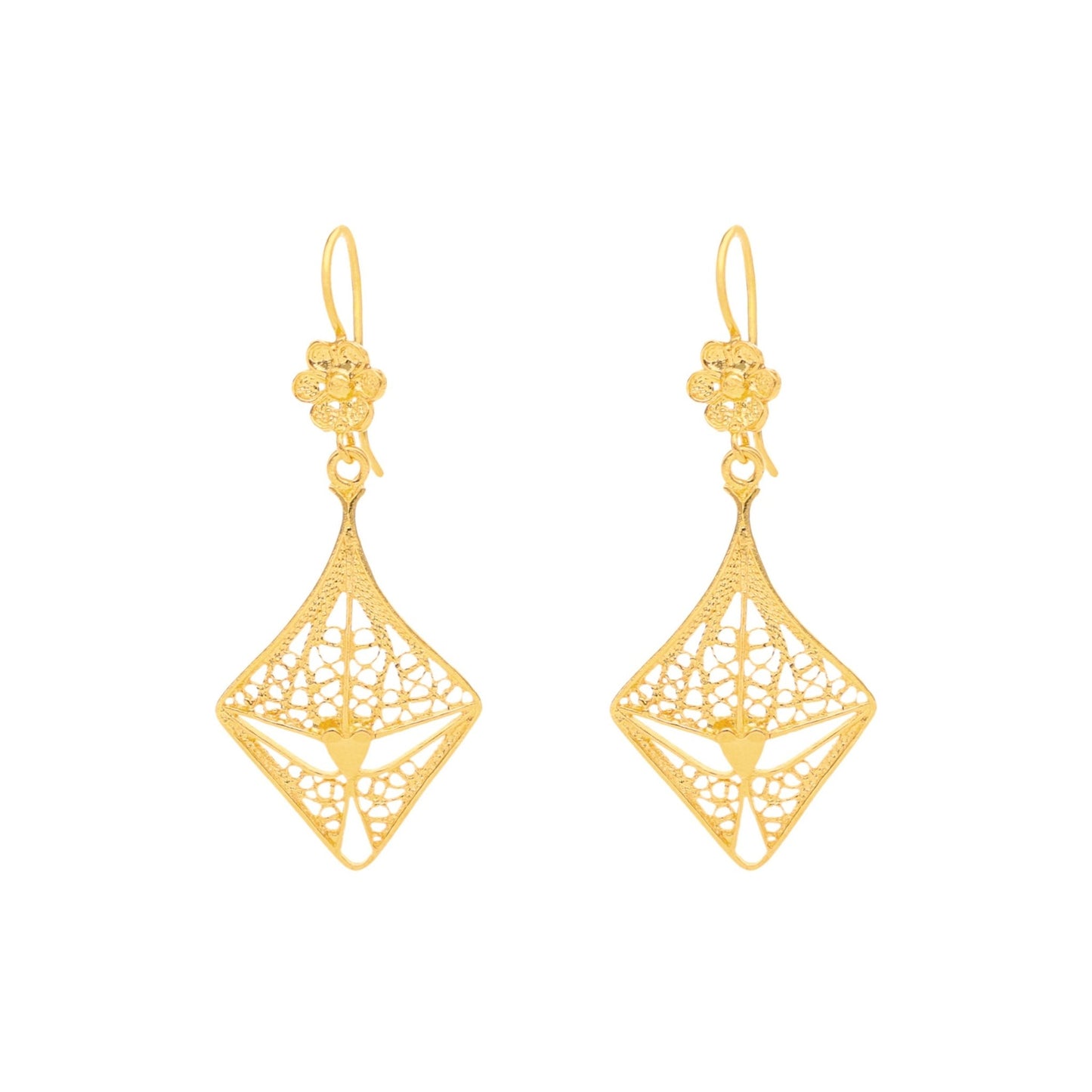 Brincos Amor Perfeito em Prata Dourada com Motivos Florais e Coração em Filigrana - Loja do Ouro