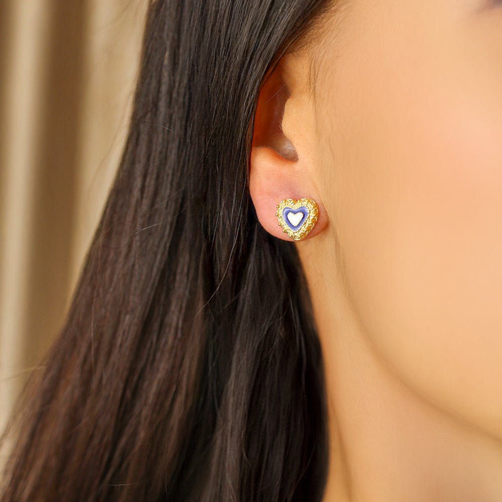 Brincos Coração Azul em Prata Dourada com Caramujos - Loja do Ouro