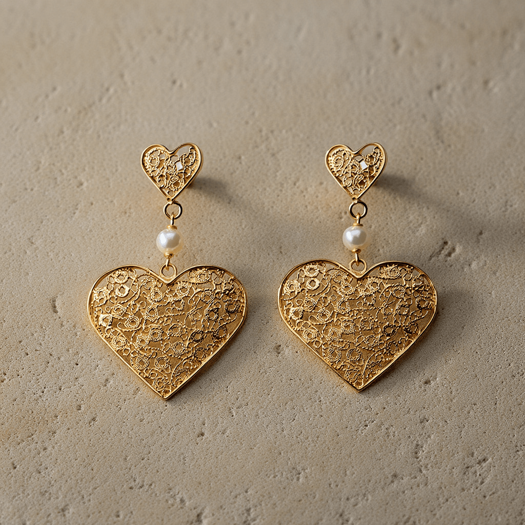 Brincos Coração do Norte em Prata Dourada (4cm) - Loja do Ouro