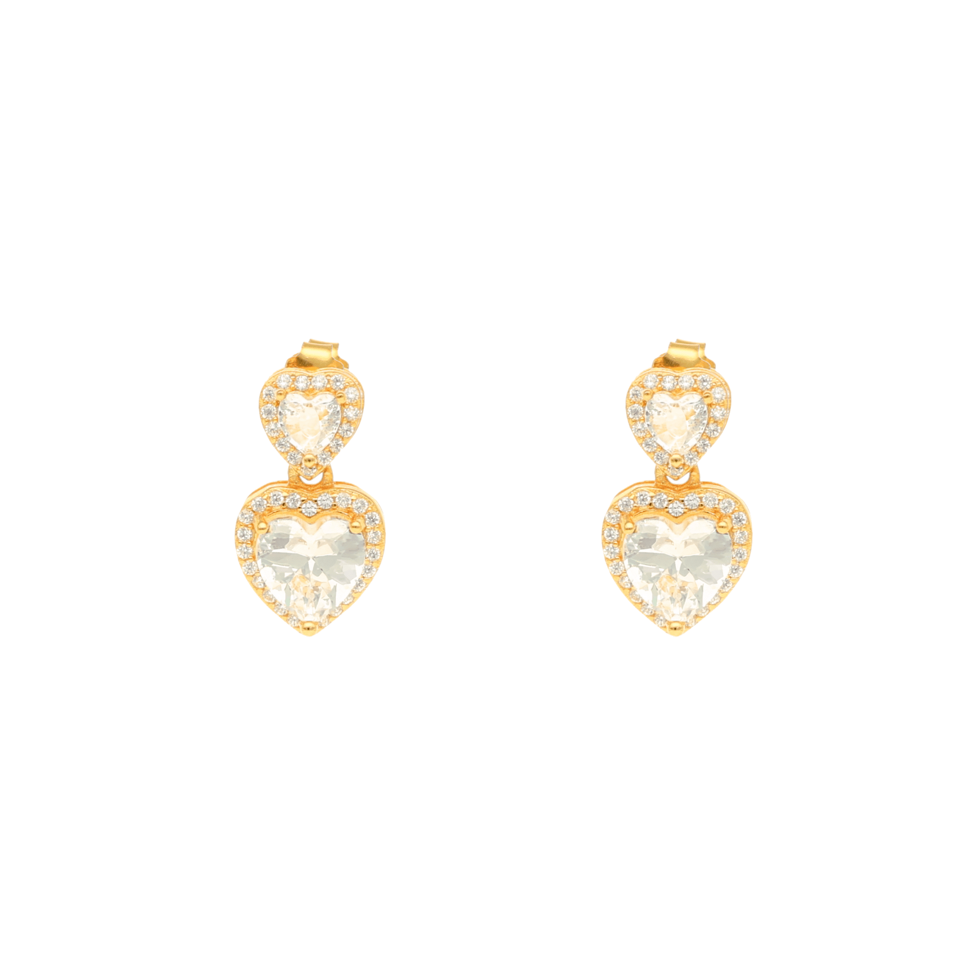 Brincos Dois Zircões Coração em Prata Dourada - Loja do Ouro