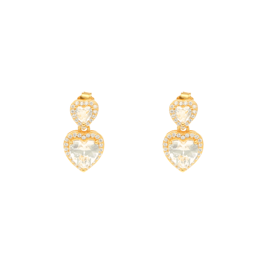 Brincos Dois Zircões Coração em Prata Dourada - Loja do Ouro