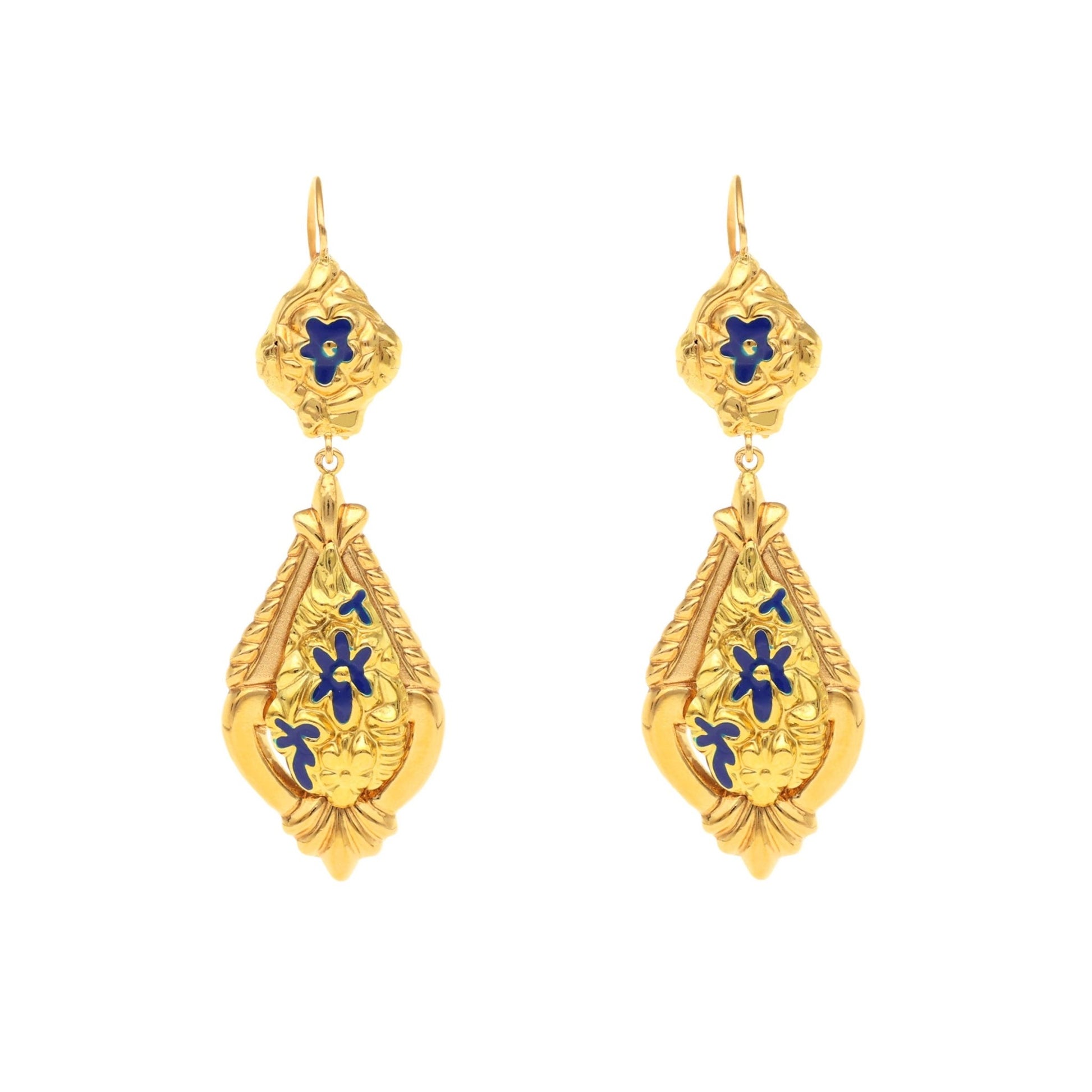 Brincos Dona Flor em Ouro de 19kl com Esmalte Azul - Loja do Ouro