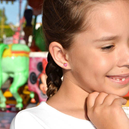 Brincos em Prata com Coração em Esmalte Rosa - Loja do Ouro