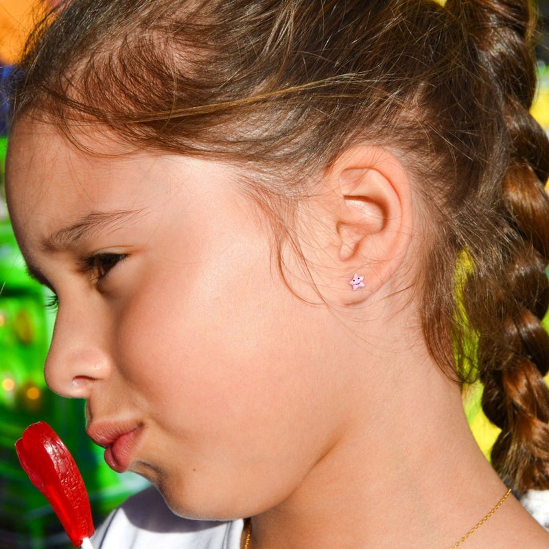 Brincos em Prata com Estrela em Esmalte Rosa - Loja do Ouro