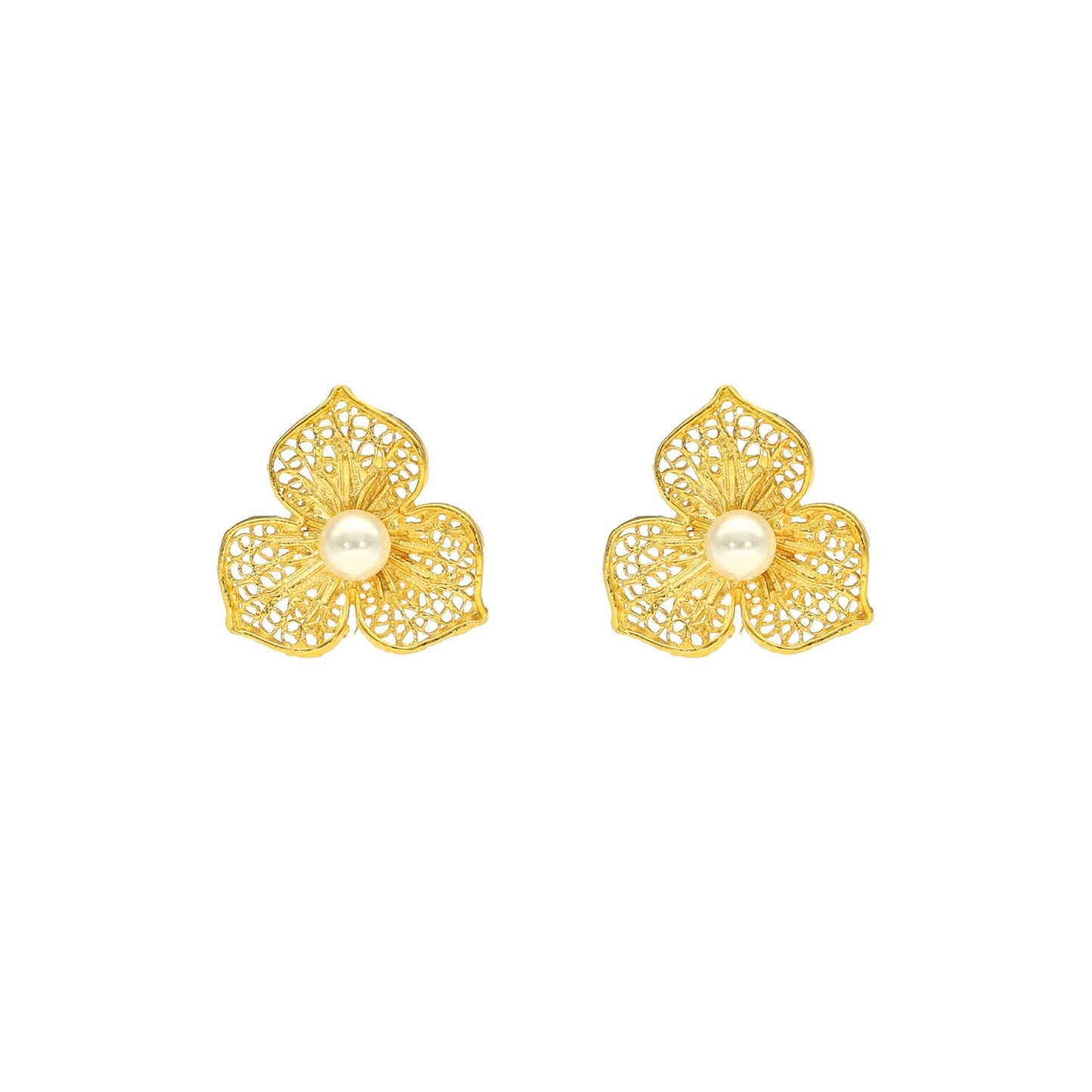 Brincos Flor de Filigrana em Prata Dourada e Pérola - Loja do Ouro