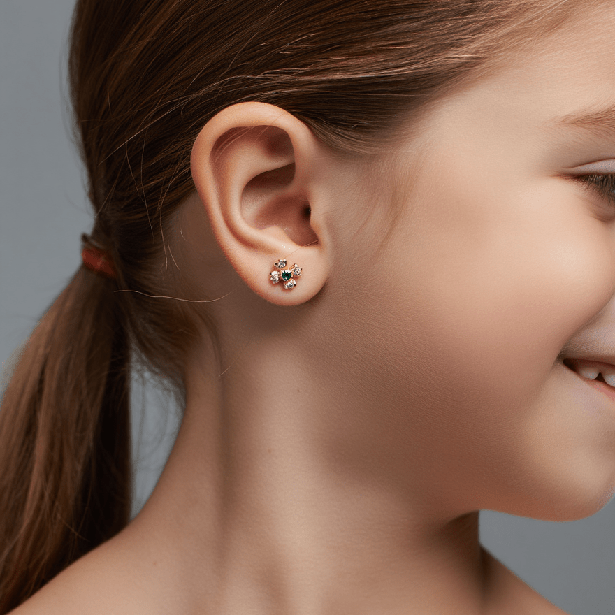 Brincos Flor em Ouro 19kl com Pedra Verde e Zircónia - Loja do Ouro