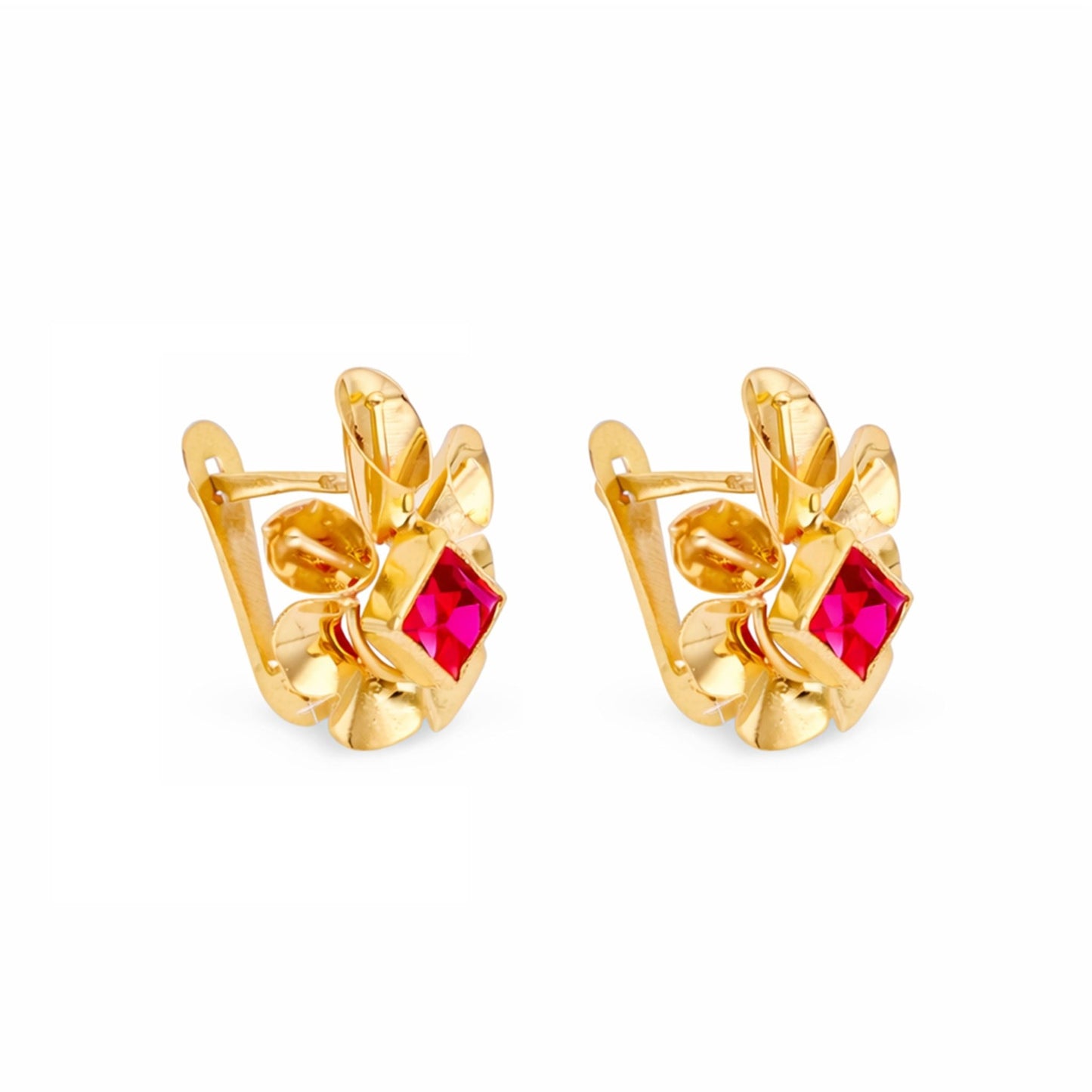 Brincos Flor em Ouro 19kl com Zirconia Vermelha - Loja do Ouro