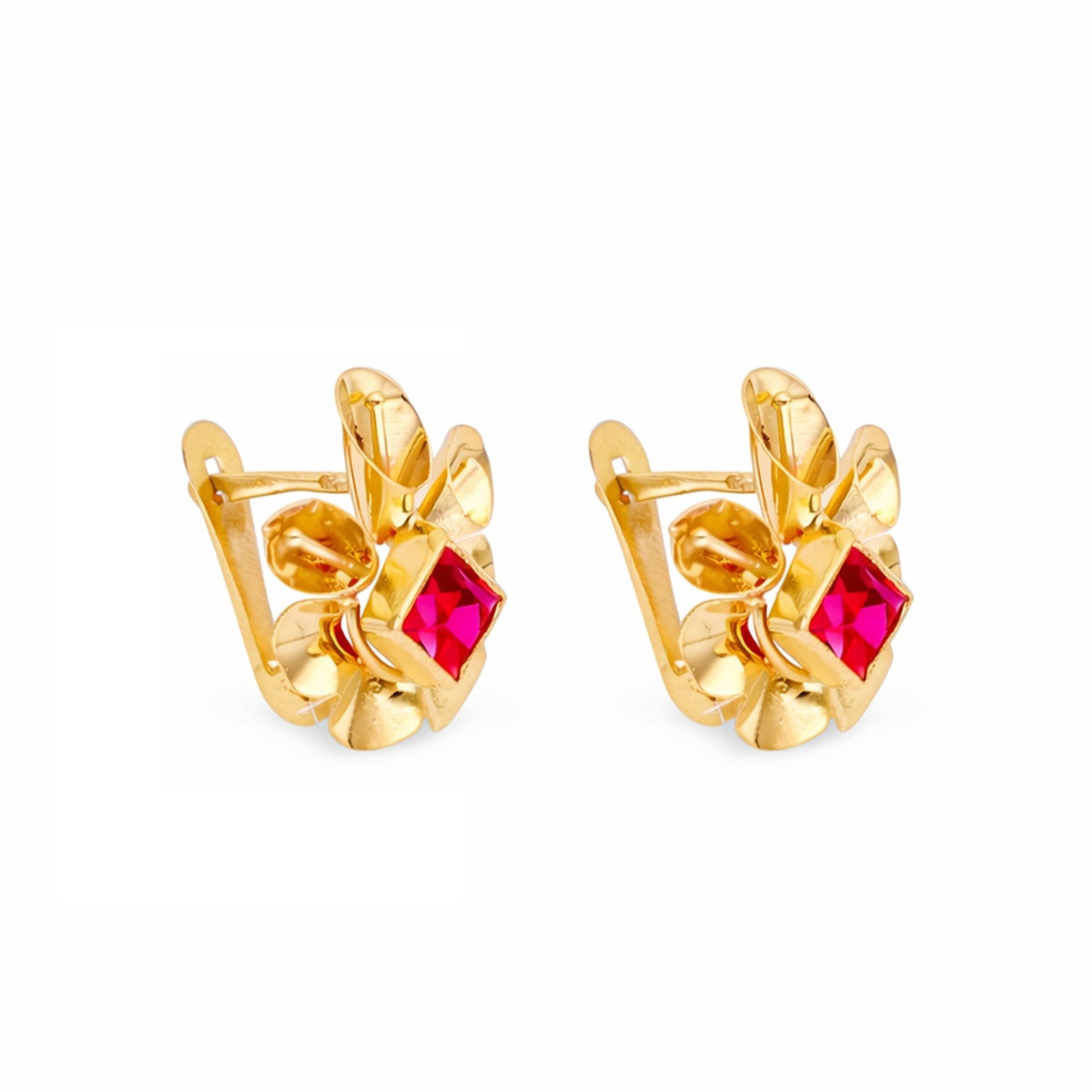 Brincos Flor em Ouro 19kl com Zirconia Vermelha - Loja do Ouro