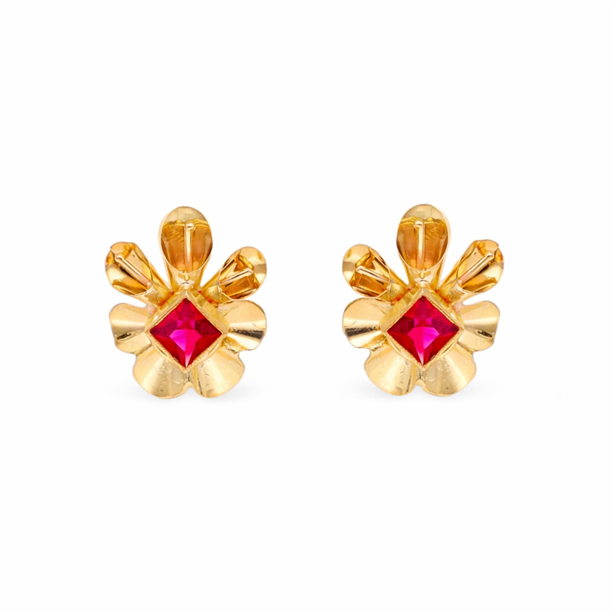 Brincos Flor em Ouro 19kl com Zirconia Vermelha - Loja do Ouro